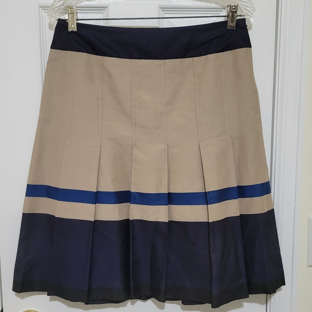 Ann Taylor Navy Tan Blue Colorblock Pleated A-Line Skirt Size 4 Professional